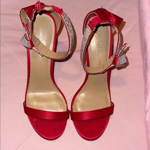 Christian Siriano Red Satin Rhinestone Ankle-Strap Heels